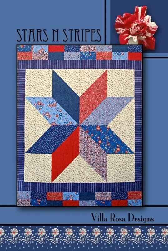 The Stars N Stripes quilt pattern cover from Villa Rosa Designs, showing an eight-pointed star quilt in red and blue diamonds on a cream ground
