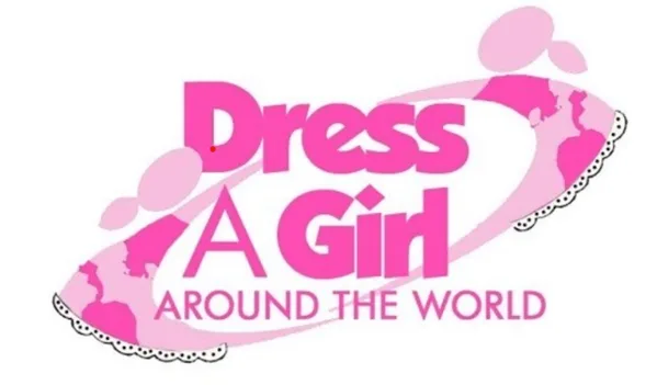 Dress a Girl Around the World logo: pink dress-shaped figures forming a ring around a world map, with the program name in the center